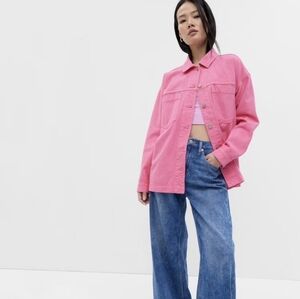 NWT GAP Cotton Denim Chore Utility Jacket in Hot Pink Stone Wash Size XS Neon